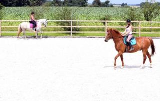 cours d'équitation sur piste avec deux cavalières